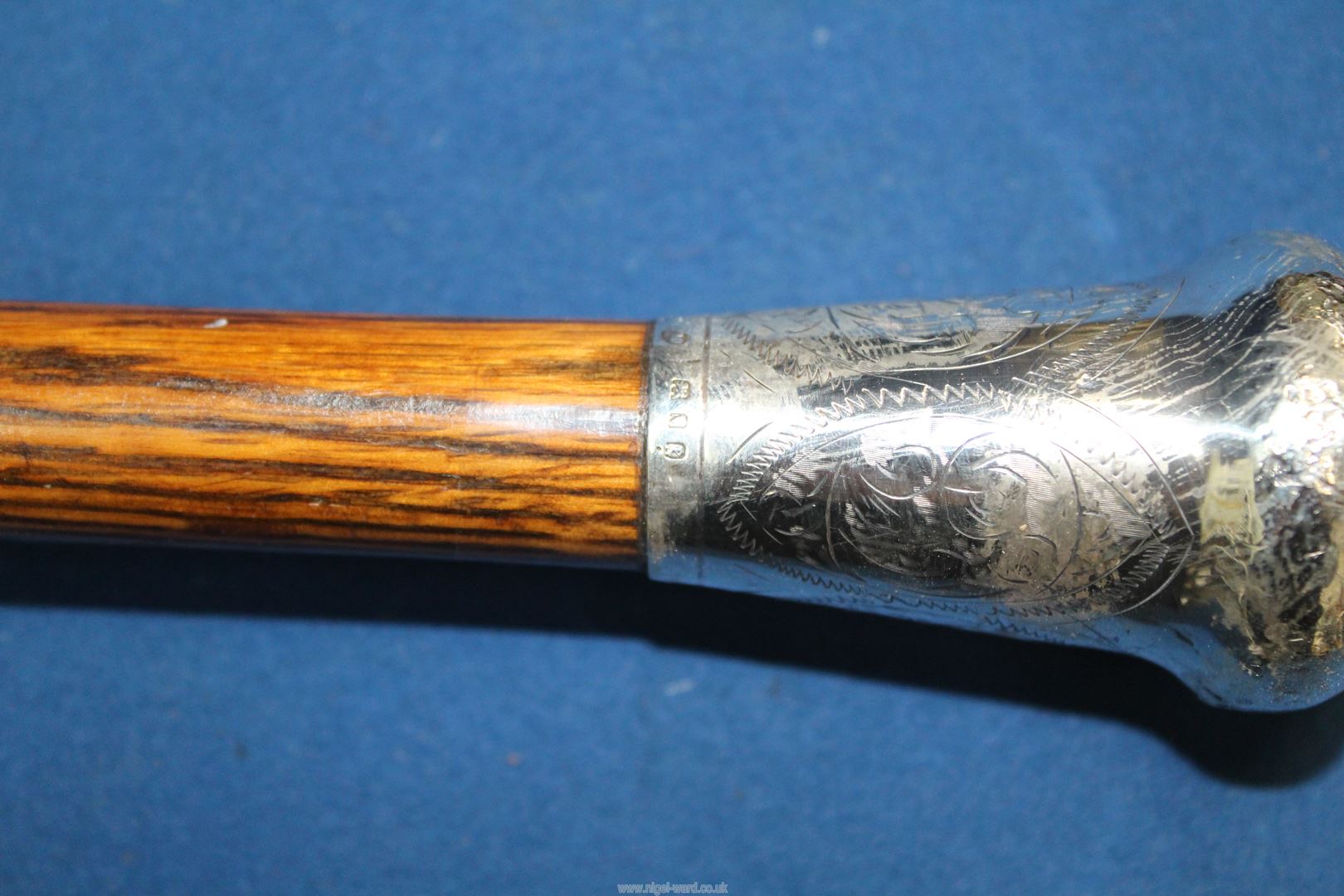 An exotic 20th century walking Cane with deep engraved silver top and original ferrule, - Image 3 of 3