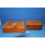 Two Mahogany/Satinwood Boxes having interior trays, one having plaque 'Presented to Mr & Mrs W.H.