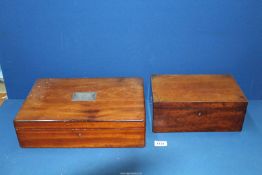 Two Mahogany/Satinwood Boxes having interior trays, one having plaque 'Presented to Mr & Mrs W.H.