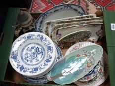 A quantity of china including 'Blue Onion' soup plates, Clarice Cliff leaf dish,