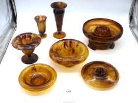 A quantity of 1930's/40's Art Deco amber Cloud glass to include posy bowls, 'Parfait' vase,