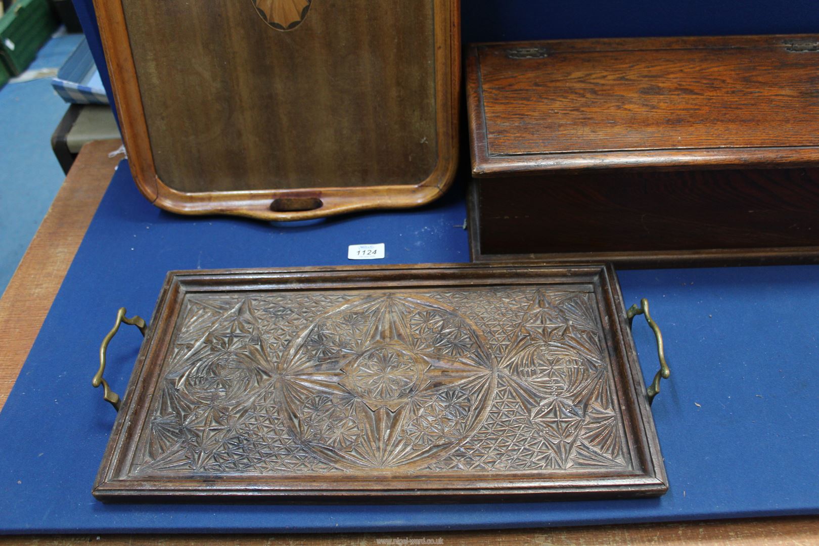 Two trays, one with carved detail and brass handles, - Image 2 of 3