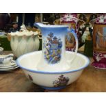 A blue and white 'NHP' Bedroomware jug and bowl.