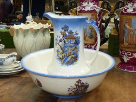 A blue and white 'NHP' Bedroomware jug and bowl.