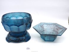 Two pieces of Art Deco 1930's/40's blue Cloud glass to include a centrepiece bowl with matching