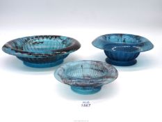 Three pieces of Art Deco 1930's/40's blue Cloud glass various sized bowls with rolled rims 7"-11"