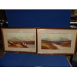 A pair of framed and mounted Watercolours depicting moorlands with peaked mountains in the distance,