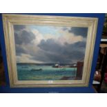 A large framed Oil on canvas depicting a harbour Scene with stormy skies,
