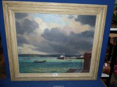 A large framed Oil on canvas depicting a harbour Scene with stormy skies,