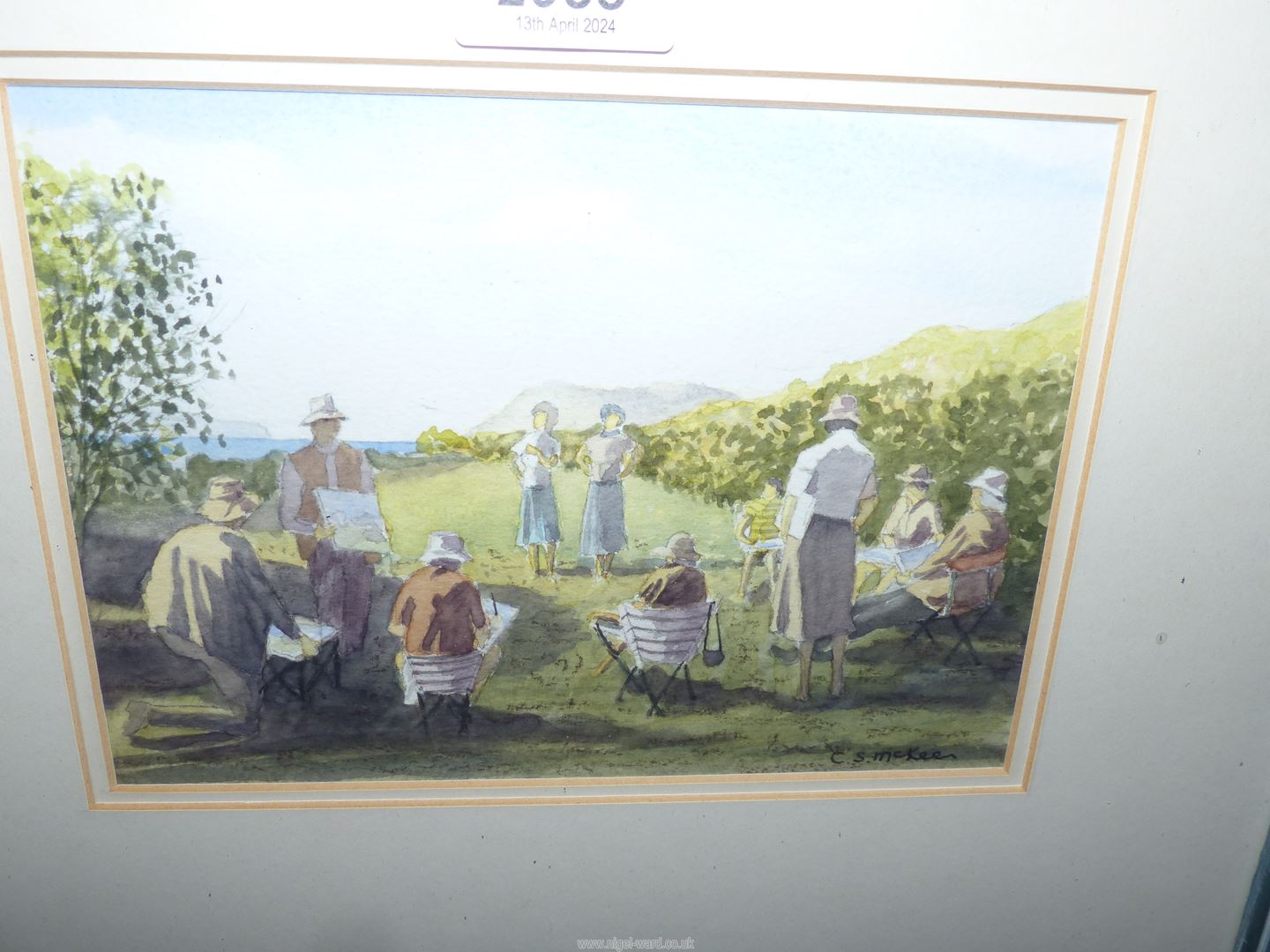 A framed and mounted Watercolour depicting a group of Artists painting with a sea view, signed C.S. - Image 2 of 3