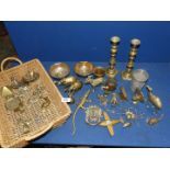 A shallow basket of brass animal and other ornaments,lion head door knocker,