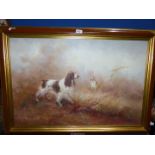 A large Oil on canvas of two liver and white Spaniels standing in long grass, signed (Kingman?),