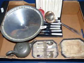 A quantity of metals including; James Dixon & Sons Pewter teapot, silver plated ladle,