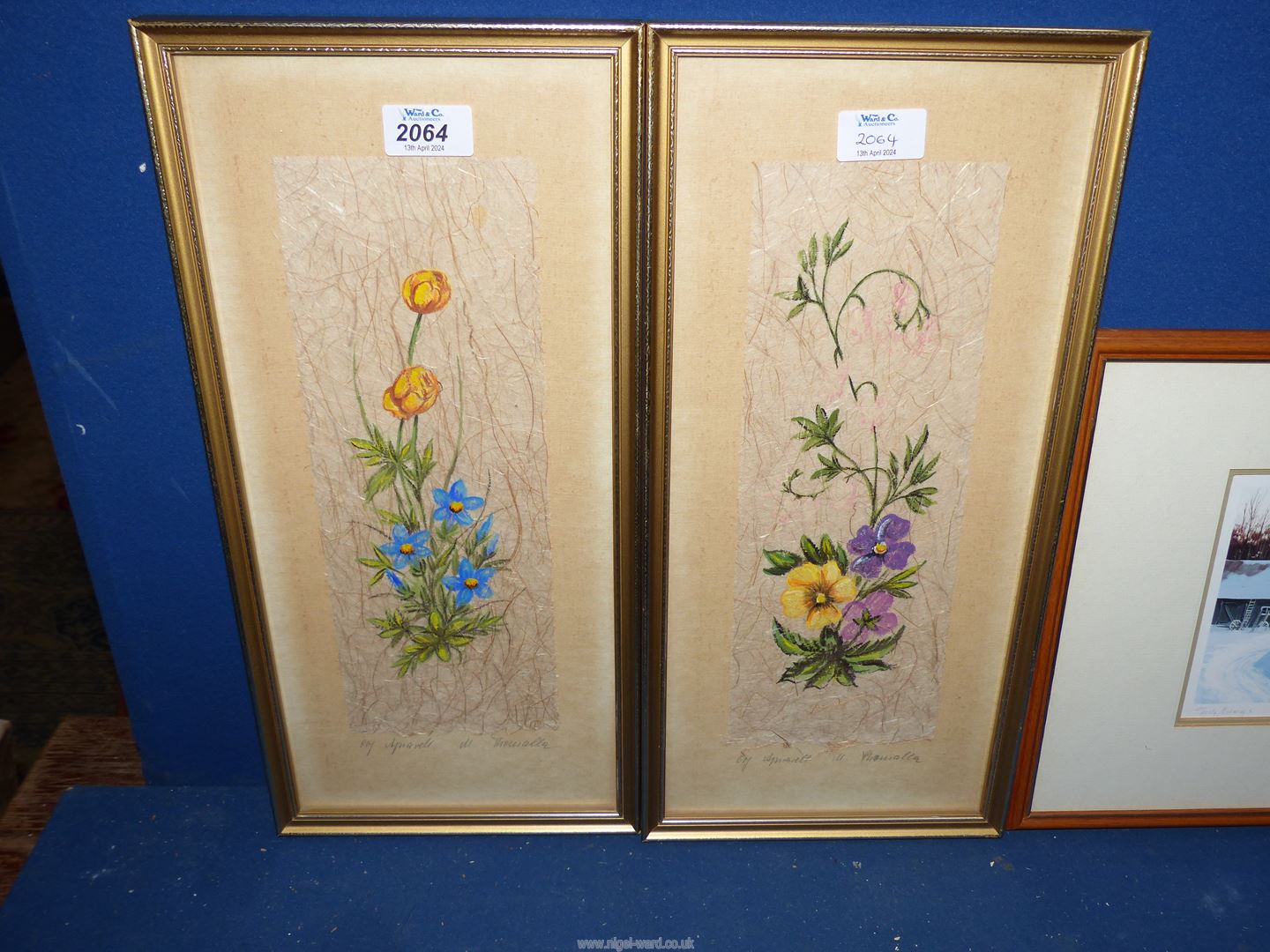 A pair of framed floral paintings on hand-made paper along with 'Frosty Mornings' framed and - Image 2 of 3