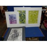 Four mounted lino cut Prints by Clare Carter.