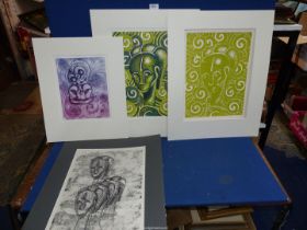 Four mounted lino cut Prints by Clare Carter.