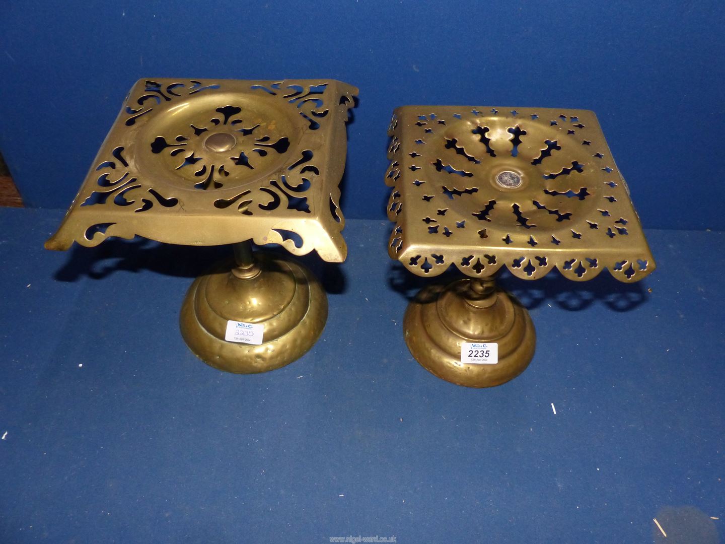 Two similar brass stands/trivets. 9" and 9 1/2" high x 8" square. - Image 2 of 2