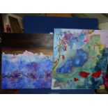 Two large unframed Oils on canvas; one depicting an abstract and one floral, both unsigned.