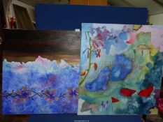 Two large unframed Oils on canvas; one depicting an abstract and one floral, both unsigned.