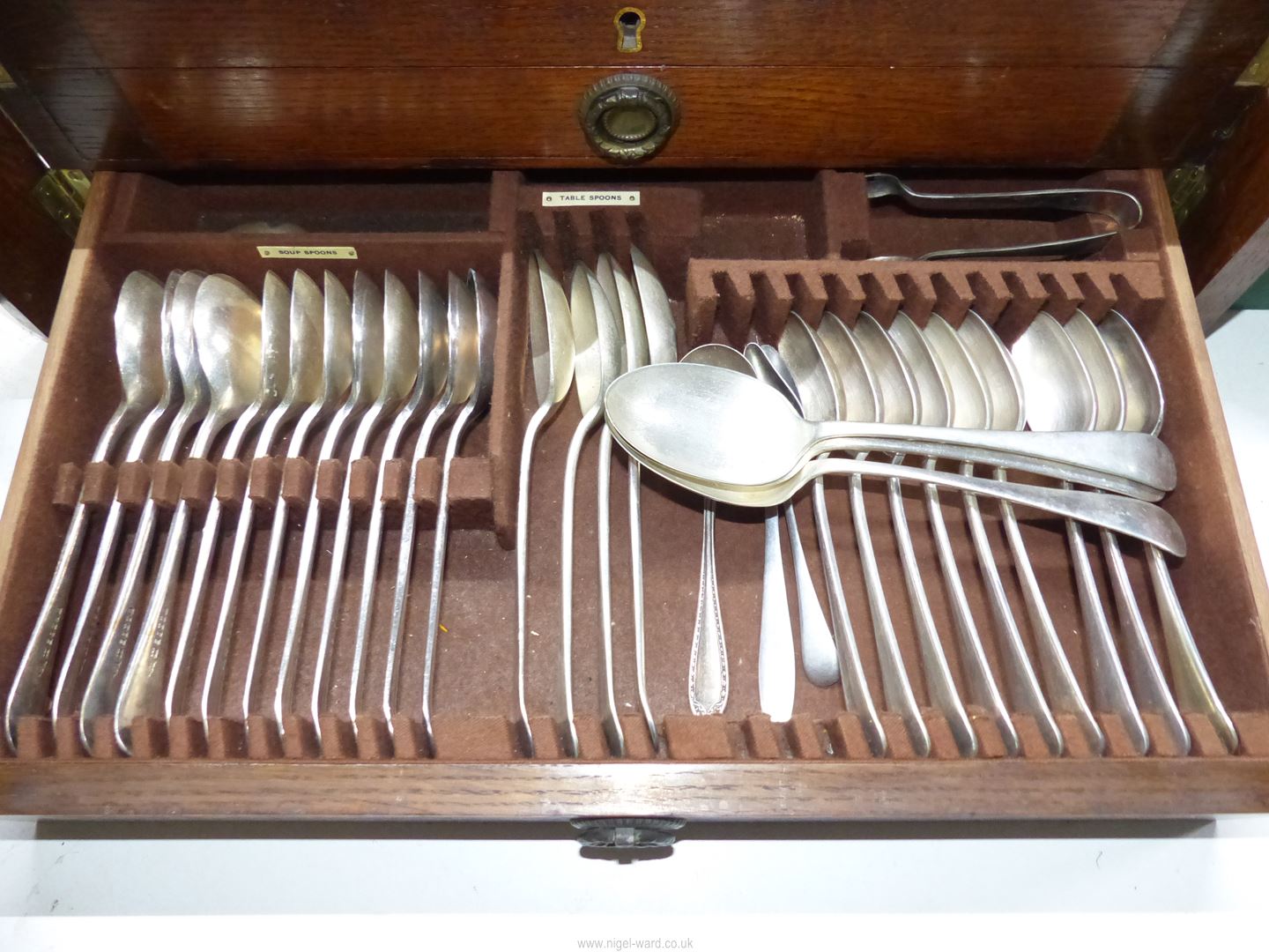 A large Oak canteen of cutlery with two drawers having brass escutcheon to the lid inscribed - Image 4 of 4