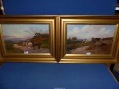 Two oil paintings in glazed gilt frames, one depicting a Rider on a horse leading another,