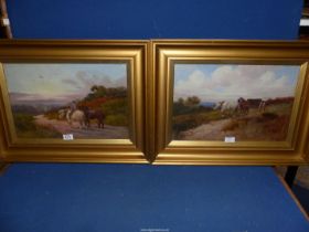 Two oil paintings in glazed gilt frames, one depicting a Rider on a horse leading another,