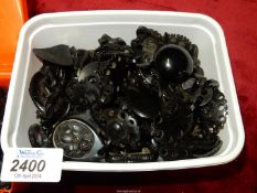 A collection of Jet and other black beads, buttons, brooches, etc., mainly a/f.