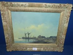 A signed David Osborne Oil on board depicting a British harbour scene, framed, 20 1/2" x 17".