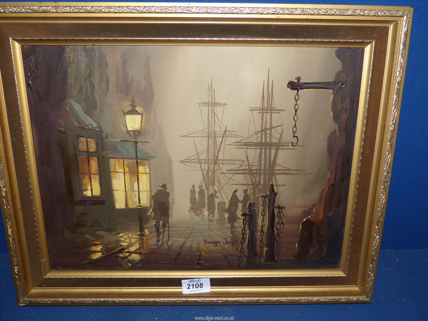 A framed Oil on canvas of a Victorian harbour scene at night, signed Singer Jones (Donald Hughes),