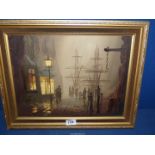 A framed Oil on canvas of a Victorian harbour scene at night, signed Singer Jones (Donald Hughes),