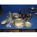 A quantity of plate, brass and copper items including; trophies, cigarette box, tankard, cutlery,