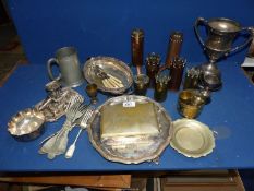 A quantity of plate, brass and copper items including; trophies, cigarette box, tankard, cutlery,