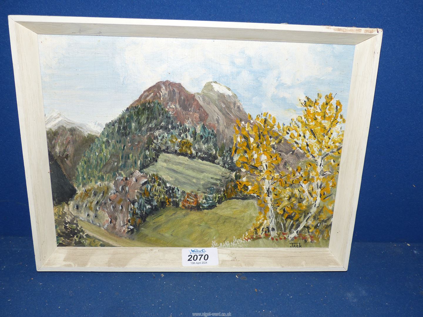 A small Oil on board of a Mountain landscape signed lower right Jack. 12 3/4" x 28 1/2".