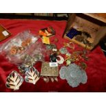 A Raiswell's 5lb Tea box containing miscellaneous contents including buttons, brooches, buckles,