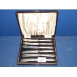 A cased set of six butter Knives having Sheffield silver handles in ribbon and reed pattern.