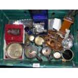 A quantity of metalware including four piece Sheffield Teaset, trophy, egg cups, etc.