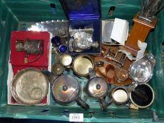 A quantity of metalware including four piece Sheffield Teaset, trophy, egg cups, etc.