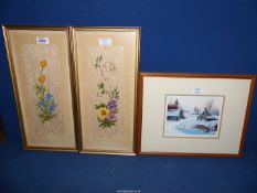 A pair of framed floral paintings on hand-made paper along with 'Frosty Mornings' framed and