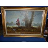 A large Oil on canvas of a Huntsman and Hound cantering through the undergrowth,