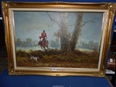A large Oil on canvas of a Huntsman and Hound cantering through the undergrowth,