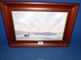 A framed Oil on board depicting Seascape with fishing boat, indistinctly signed lower right.