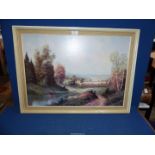 A large framed Print on board titled verso Sunny Landscape, indistinctly signed lower right,