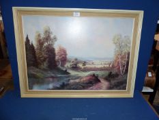 A large framed Print on board titled verso Sunny Landscape, indistinctly signed lower right,