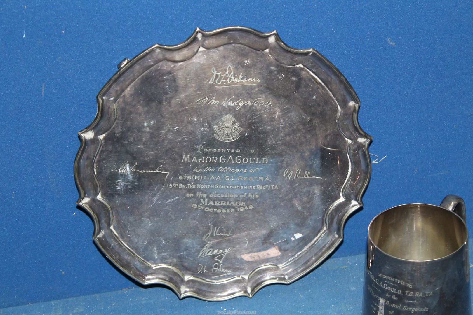 A silver plated tray, tankard, claret jug for G.A. Gould in various ranks including Colonel. - Image 7 of 7