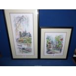 A pair of framed original Pen & Ink drawings of Paris landmarks; Notre Dame and Sacre Coeur,