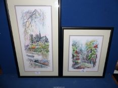 A pair of framed original Pen & Ink drawings of Paris landmarks; Notre Dame and Sacre Coeur,
