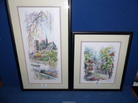 A pair of framed original Pen & Ink drawings of Paris landmarks; Notre Dame and Sacre Coeur,