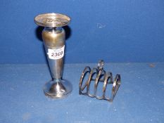 A Silver posy Vase, Chester 1906 and a small silver Toast rack, Birmingham 1927 (both with dents).