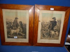 Scottish and English gamekeeper hunting Prints; one with no glass, frame a/f - worm damage.