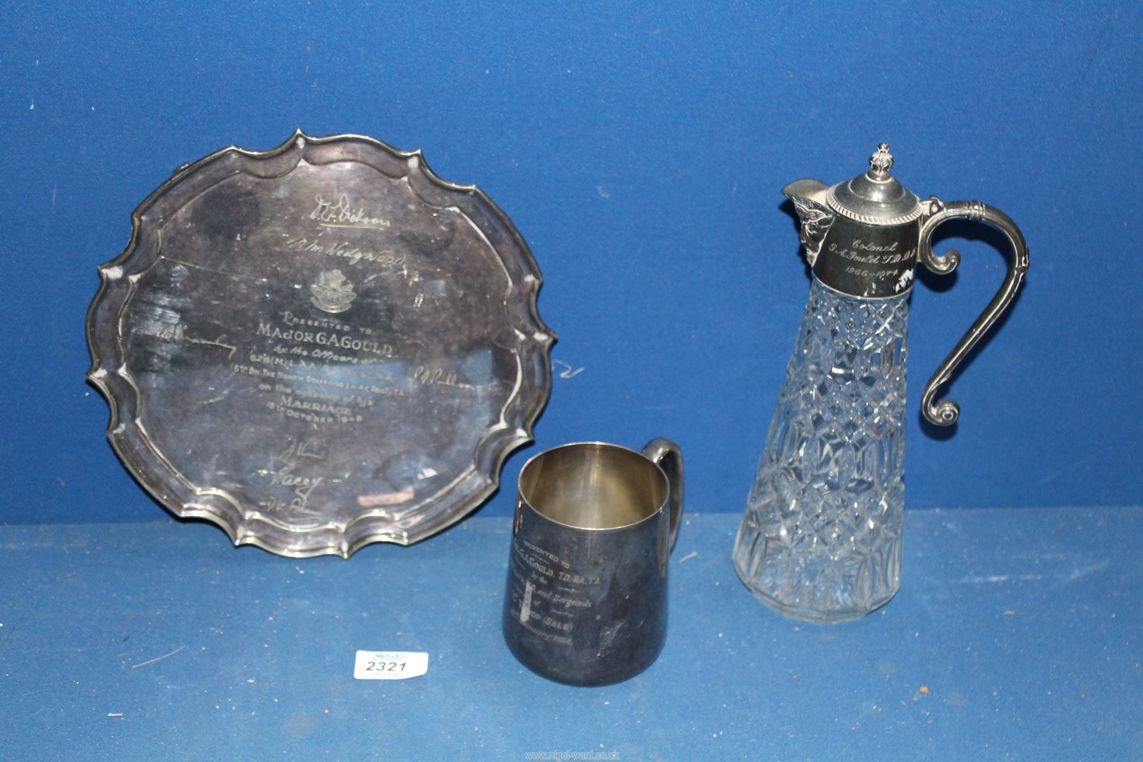A silver plated tray, tankard, claret jug for G.A. Gould in various ranks including Colonel. - Image 6 of 7